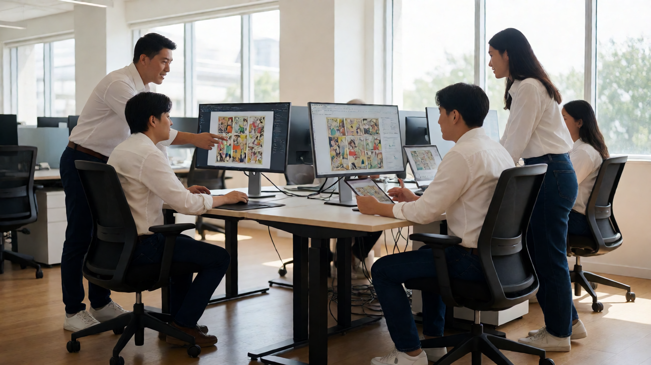 韩国漫画官网团队工作场景，展示编辑与运营团队日常